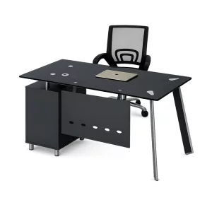 Set Scaun ergonomic cu spatar mesh si birou cu blat din sticla si dulap lateral fix 1400*700*750, Black