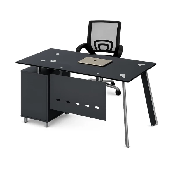 Set Scaun ergonomic cu spatar mesh si birou cu blat din sticla si dulap lateral fix 1400*700*750, Black