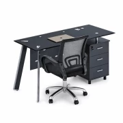 Set Scaun ergonomic cu spatar mesh si birou cu blat din sticla si dulap lateral fix 1400*700*750, Black