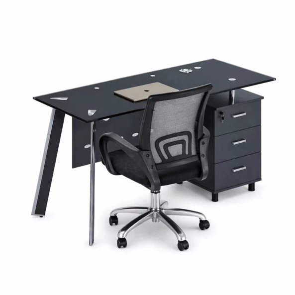 Set Scaun ergonomic cu spatar mesh si birou cu blat din sticla si dulap lateral fix 1400*700*750, Black