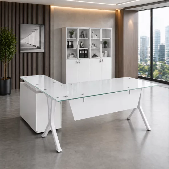 Бюро Evolution с стъклен плот и фиксиран страничен шкаф - размери 1800800750 мм