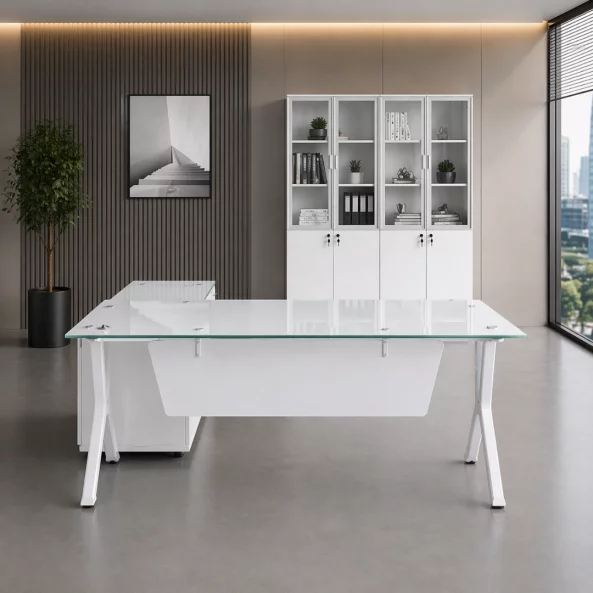 Бюро Evolution с стъклен плот и фиксиран страничен шкаф - размери 1800800750 мм