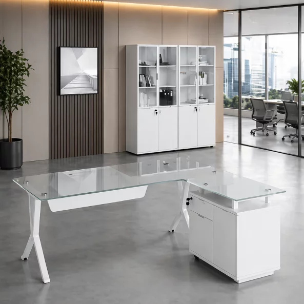Бюро Evolution с стъклен плот и фиксиран страничен шкаф - размери 1800800750 мм