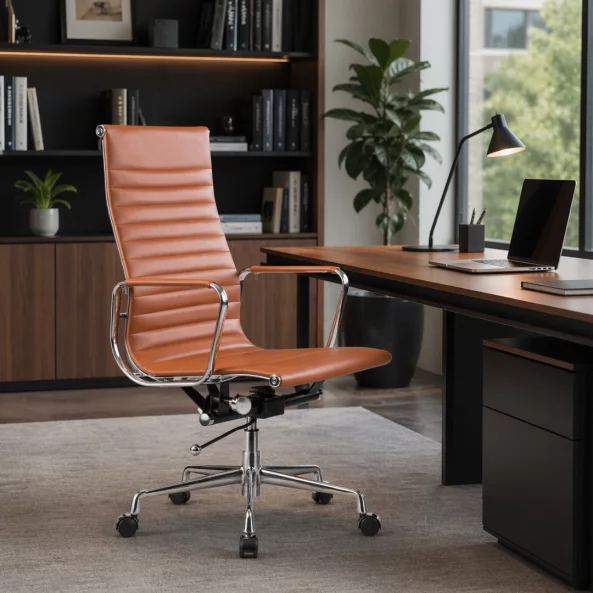 Scaun birou ergonomic Prestige, reglabil din piele ecologică maro, cadru aluminiu, design modern, dimensiuni 530*590*1060-1150 mm