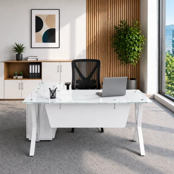 Set Birou cu blat din sticla si dulap lateral fix - 1800*800*750 si Scaun de birou cu cadru din otel