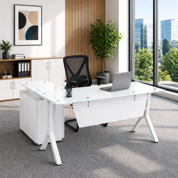 Set Birou cu blat din sticla si dulap lateral fix - 1800*800*750 si Scaun de birou cu cadru din otel