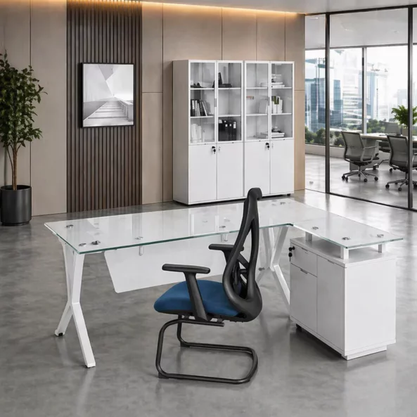 Set Birou cu blat din sticla si dulap lateral fix - 1800*800*750 si Scaun de birou cu cadru din otel
