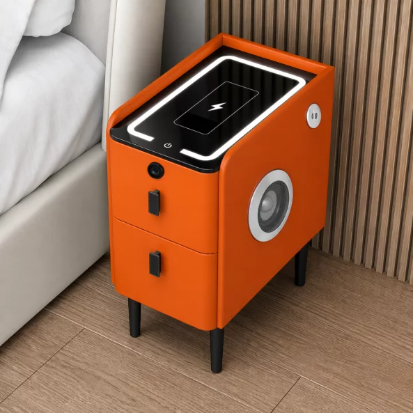 Noptiera inteligenta slim cu două sertare spațioase si difuzor Bluetooth -ORANGE, PRODUS RESIGILAT!