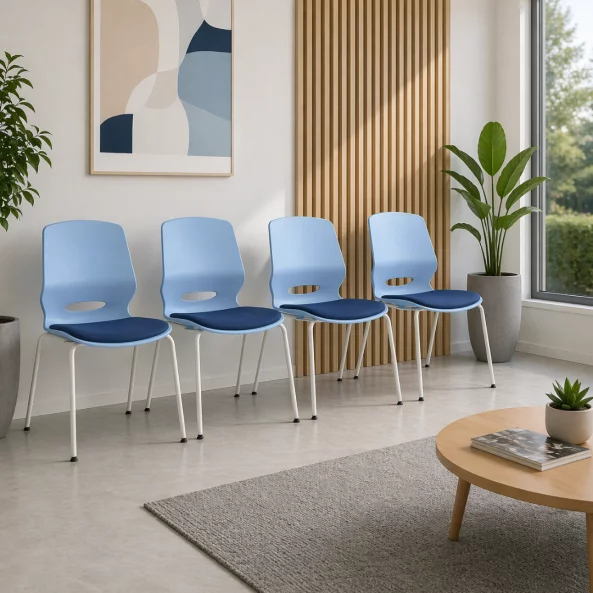 Silla de oficina ergonómica Seren, fija con patas metálicas, color: azul, dimensiones: 400*440*835 mm