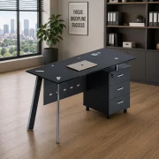 Birou Venus cu blat din sticla si dulap lateral fix - dimensiuni 1400*700*750 mm