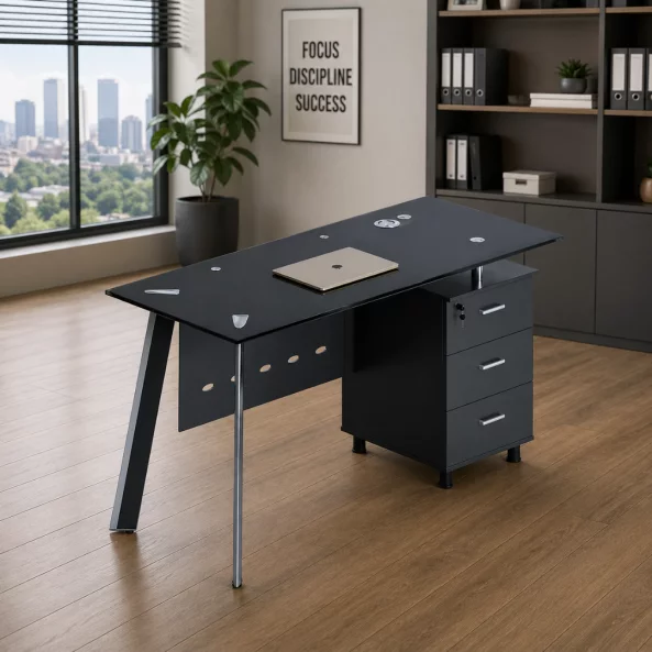 Birou Venus cu blat din sticla si dulap lateral fix - dimensiuni 1400*700*750 mm
