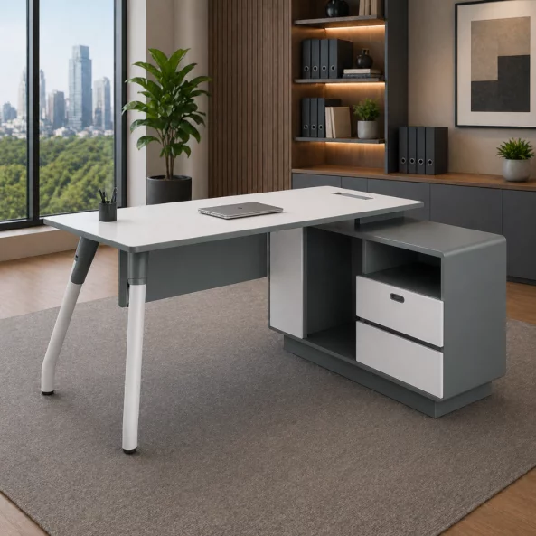 Sienna Line íróasztal melamin munkalappal és fix oldalsó szekrénnyel – méretek: 1200×1200×450 mm