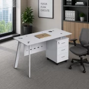 Birou Venus cu blat de sticla si dulap lateral fix - dimensiuni 1200*600*750 mm, White