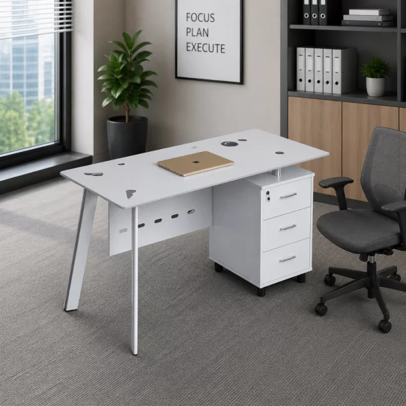 Birou Venus cu blat de sticla si dulap lateral fix - dimensiuni 1200*600*750 mm, White