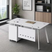 Birou Venus cu blat de sticla si dulap lateral fix - dimensiuni 1200*600*750 mm, White