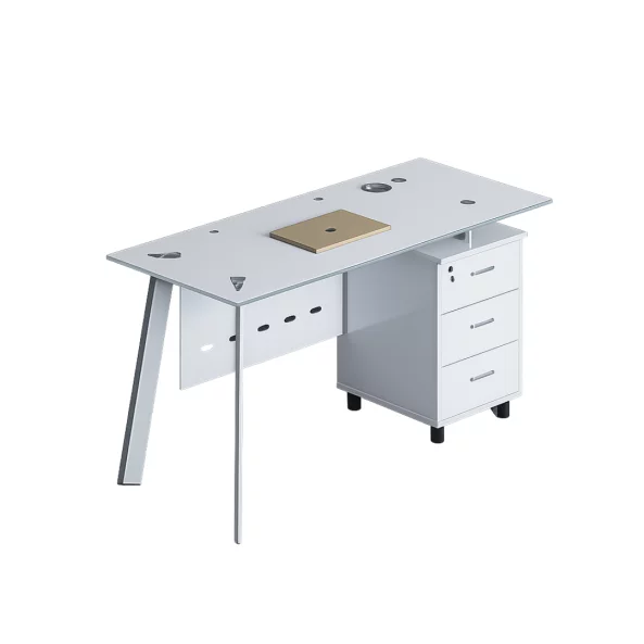 Birou Venus cu blat de sticla si dulap lateral fix - dimensiuni 1200*600*750 mm, White
