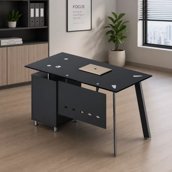 Birou Venus cu blat din sticla si dulap lateral fix - dimensiuni 1200*600*750 mm