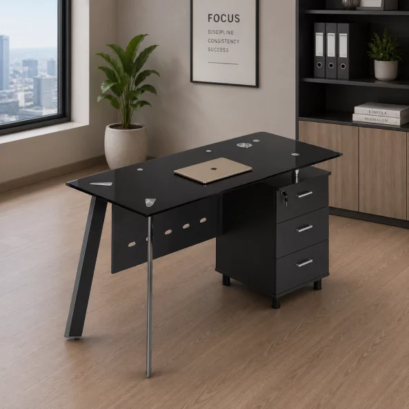 Birou Venus cu blat din sticla si dulap lateral fix - dimensiuni 1200*600*750 mm