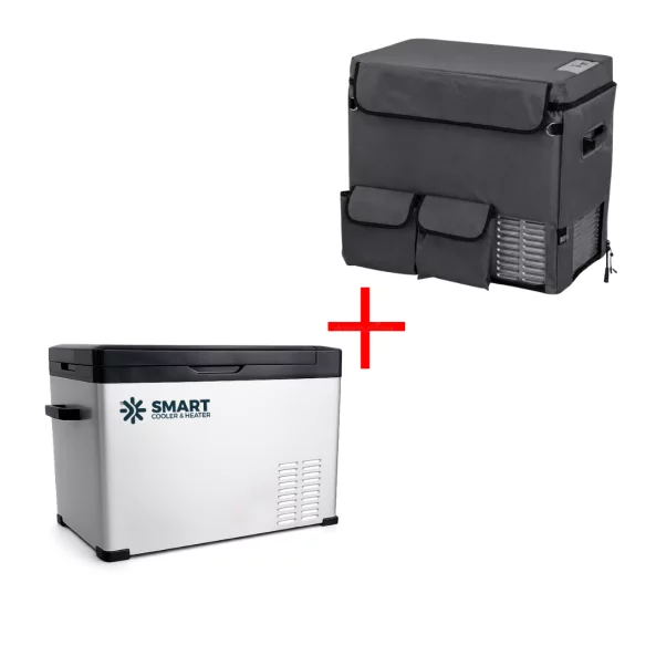 Paquete frigorífico para coche con compresor smartcooler de 40l, 12/24/220v, con display LCD y bluetooth, transformador 220V incluido, impuesto verde incluido + funda protectora termoaislante