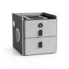 Noptiera inteligenta slim cu incarcare wireless, iluminare LED, difuzor Bluetooth, port USB &amp; Type-C si sistem cu amprenta – culoare gri antracit, 2 sertare, design modern din sticla si lemn