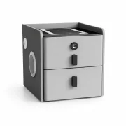 Noptiera inteligenta slim cu incarcare wireless, iluminare LED, difuzor Bluetooth, port USB &amp; Type-C si sistem cu amprenta – culoare gri antracit, 2 sertare, design modern din sticla si lemn