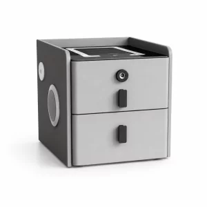 Noptiera inteligenta slim cu incarcare wireless, iluminare LED, difuzor Bluetooth, port USB &amp; Type-C si sistem cu amprenta – culoare gri antracit, 2 sertare, design modern din sticla si lemn
