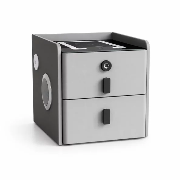 Noptiera inteligenta slim cu incarcare wireless, iluminare LED, difuzor Bluetooth, port USB &amp; Type-C si sistem cu amprenta – culoare gri antracit, 2 sertare, design modern din sticla si lemn