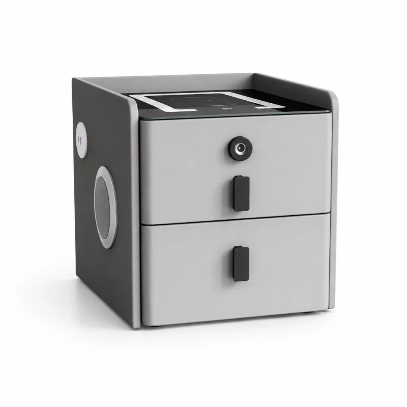 Noptiera inteligenta slim cu incarcare wireless, iluminare LED, difuzor Bluetooth, port USB &amp; Type-C si sistem cu amprenta &ndash; culoare gri antracit, 2 sertare, design modern din sticla si lemn