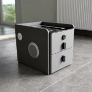 Noptiera inteligenta slim cu incarcare wireless, iluminare LED, difuzor Bluetooth, port USB &amp; Type-C si sistem cu amprenta – culoare gri antracit, 2 sertare, design modern din sticla si lemn