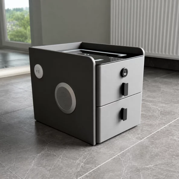 Noptiera inteligenta slim cu incarcare wireless, iluminare LED, difuzor Bluetooth, port USB &amp; Type-C si sistem cu amprenta – culoare gri antracit, 2 sertare, design modern din sticla si lemn