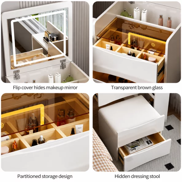 CONJUNTO VIVIENNE – Tocador con espejo LED y módulo lateral integrado – BLANCO