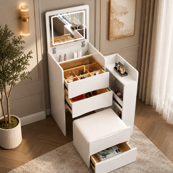 CONJUNTO VIVIENNE – Tocador con espejo LED y módulo lateral integrado – BLANCO