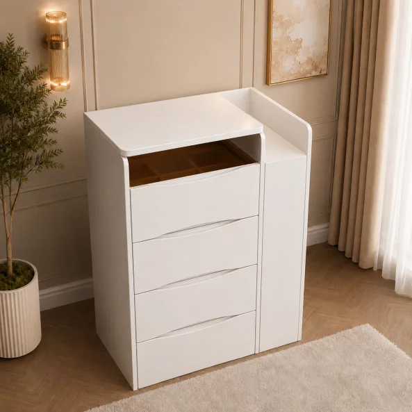 CONJUNTO VIVIENNE – Tocador con espejo LED y módulo lateral integrado – BLANCO