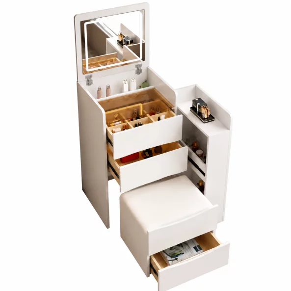 CONJUNTO VIVIENNE – Tocador con espejo LED y módulo lateral integrado – BLANCO