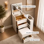 CONJUNTO VIVIENNE – Tocador con espejo LED y módulo lateral integrado – BLANCO