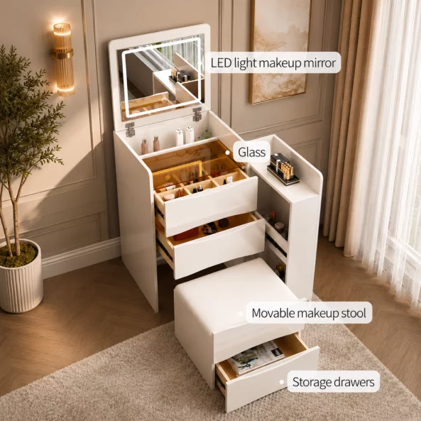 CONJUNTO VIVIENNE – Tocador con espejo LED y módulo lateral integrado – BLANCO