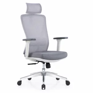 Silla de oficina ergonómica Calista con reposacabezas 2D ajustable, gris claro – dimensiones: 670 × 730 × 1160–1240 mm.