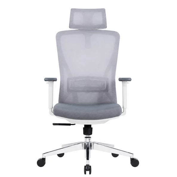 Silla de oficina ergonómica Calista con reposacabezas 2D ajustable, gris claro – dimensiones: 670 × 730 × 1160–1240 mm.