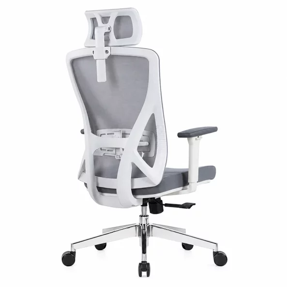 Silla de oficina ergonómica Calista con reposacabezas 2D ajustable, gris claro – dimensiones: 670 × 730 × 1160–1240 mm.