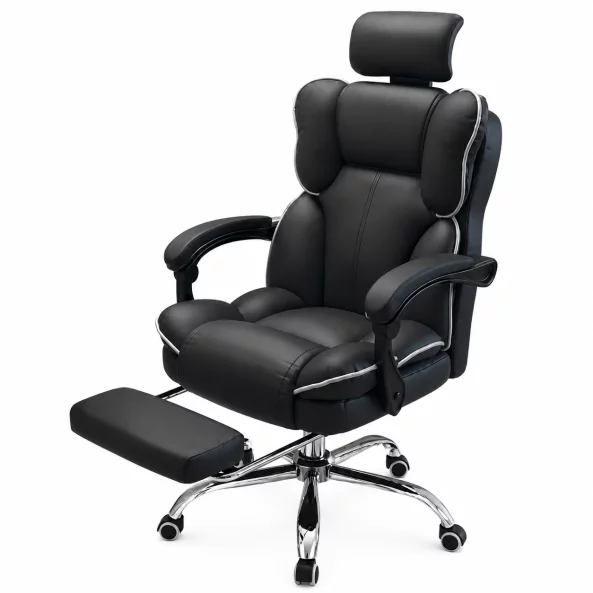 Gaming szék, akár 120°-os dönthetőséggel, állítható fejtámlával – méretek: 650 mm × 520 mm × 1220–1320 mm.