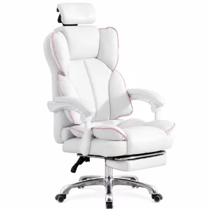 Gaming szék 120°-ig dönthető háttámlával, állítható fejtámlával – méretek: 650 mm × 520 mm × 1220–1320 mm, fehér