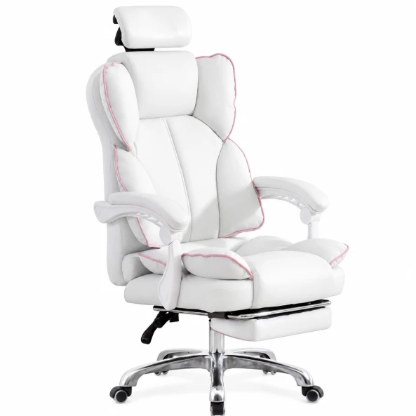 Gaming szék 120°-ig dönthető háttámlával, állítható fejtámlával – méretek: 650 mm × 520 mm × 1220–1320 mm, fehér