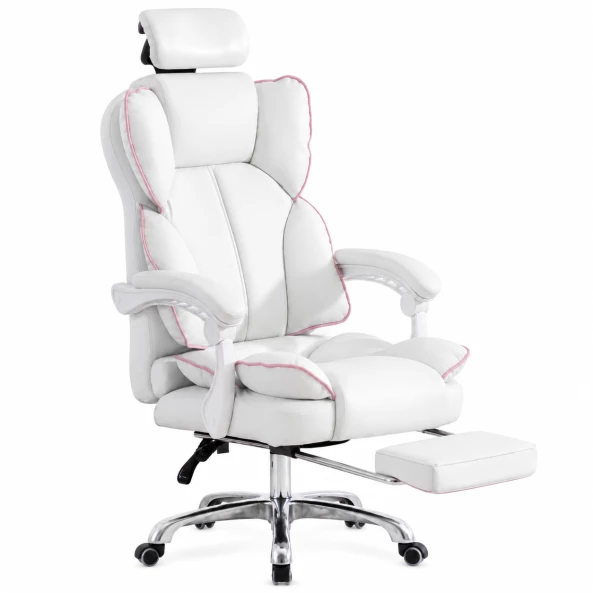Gaming szék 120°-ig dönthető háttámlával, állítható fejtámlával – méretek: 650 mm × 520 mm × 1220–1320 mm, fehér
