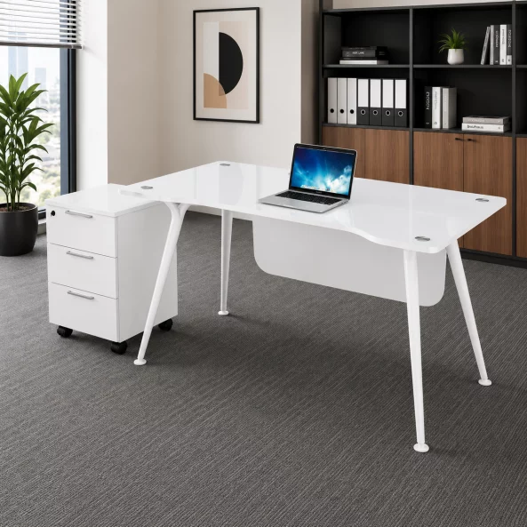 Birou Glassy cu blat din sticla si dulap lateral mobil - dimensiuni 1400*700*750 mm