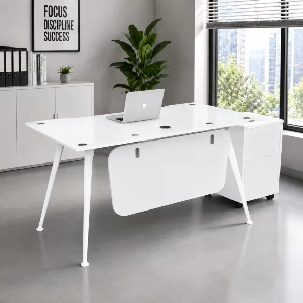 Birou Glassy cu blat din sticla si dulap lateral mobil - dimensiuni 1400*700*750 mm