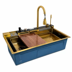Fregadero de cocina moderno color: dorado, multifuncional, ducha extraíble, lavavasos, filtro de agua, acero inoxidable, primera calidad, accesorios incluidos dimensiones 800*460*220mm