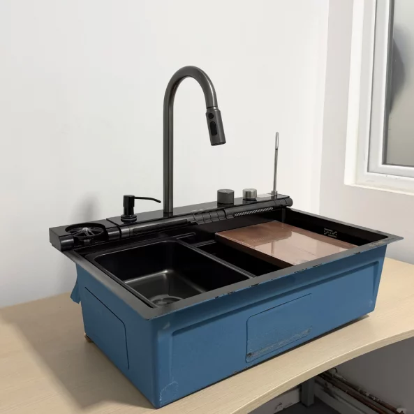 Chiuvetă modernă de bucătărie culoare :negru , multifuncțională, duș extractibil, spălător pahare, filtrare apă, inox, calitate premium, accesorii incluse dimensiuni 750*460*220mm