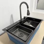 Fregadero moderno para la cocina, color: negro, multifuncional, ducha extraíble, acero inoxidable, primera calidad, accesorios incluidos, dimensiones 750*460*220mm