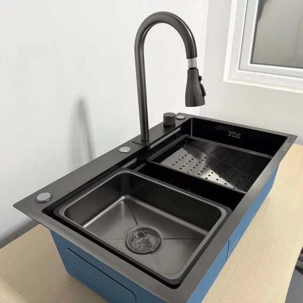 Fregadero moderno para la cocina, color: negro, multifuncional, ducha extraíble, acero inoxidable, primera calidad, accesorios incluidos, dimensiones 750*460*220mm