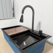 Fregadero moderno para la cocina, color: negro, multifuncional, ducha extraíble, acero inoxidable, primera calidad, accesorios incluidos, dimensiones 750*460*220mm
